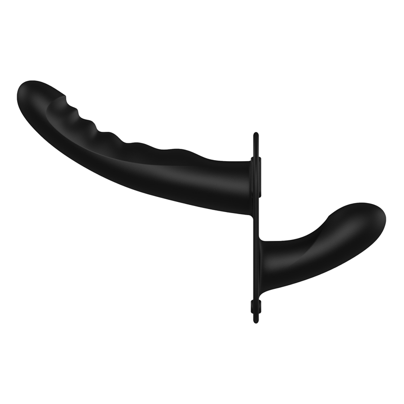 Dual Silicone Ribbed Strap-On - Adjustable - Black