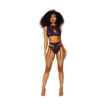 Women's Lace and Mesh 3 Piece Set - S - Aubergine