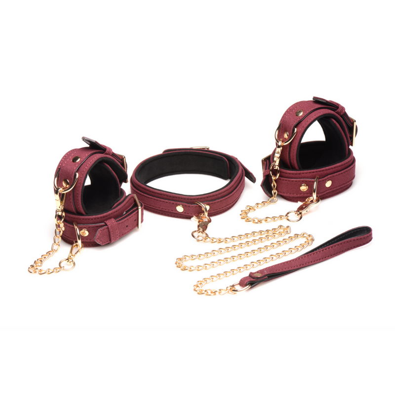 6-Piece Velvet Burgundy Bondage Set with Cuffs, Collar and Belt