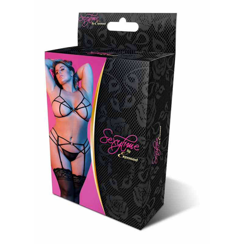 Bra, Garter and G-String Set with Rings and Straps - 2X - Black
