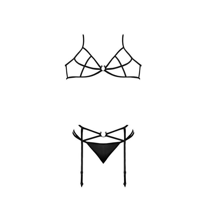 Bra, Garter and G-String Set with Rings and Straps - 2X - Black
