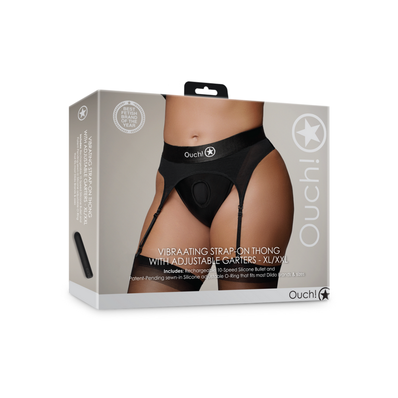 Vibrating Strap-on Thong with Adjustable Garters - XL/XXL - Black