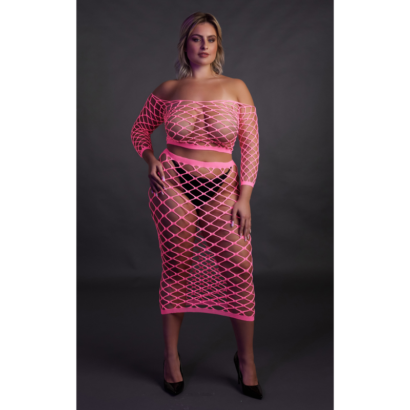 Long Sleeve Crop Top and Long Skirt - Plus Size - Neon Pink