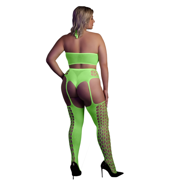 Two Piece with Crop Top and Stockings - Plus Size - Neon Green