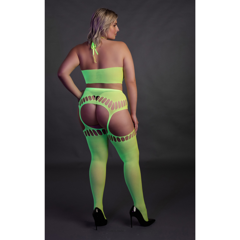 Two Piece with Crop Top and Stockings - Plus Size - Neon Green