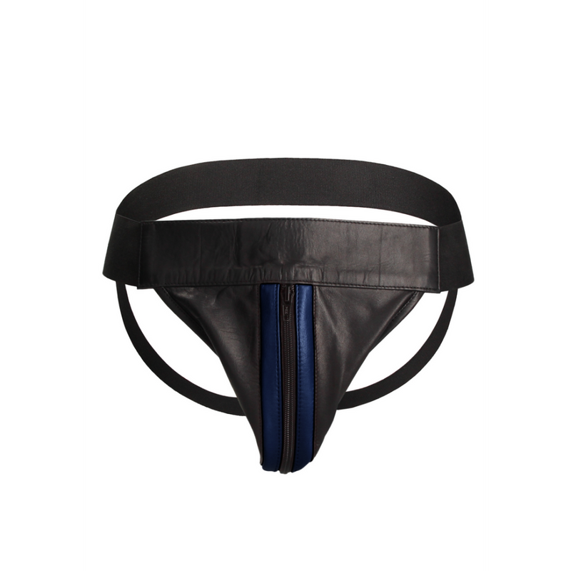 Striped Front Leather Jock Strap with Zipper - L/XL